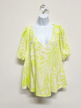 Torrid Womens Plus Size Sharp Green Shaded Palms Print Tie Back Puff Sleeve Top